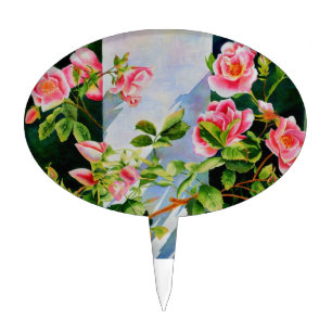 Beautiful pink red white roses watercolor floral cake topper