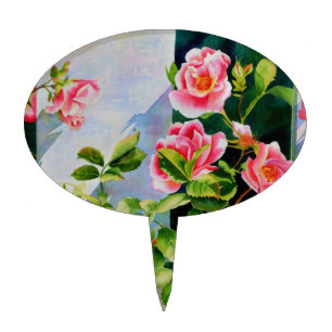 Beautiful pink red white roses watercolor floral cake topper