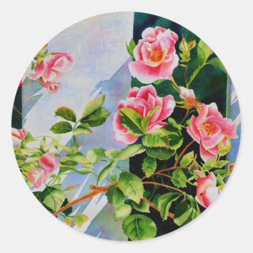 Beautiful  pink red white roses watercolor floral classic round sticker