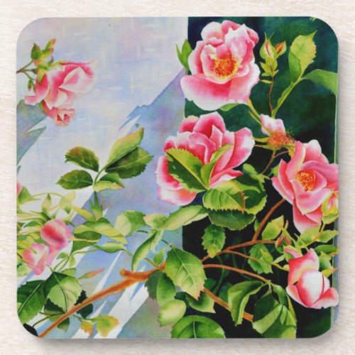 Beautiful  pink red white roses watercolor floral coaster
