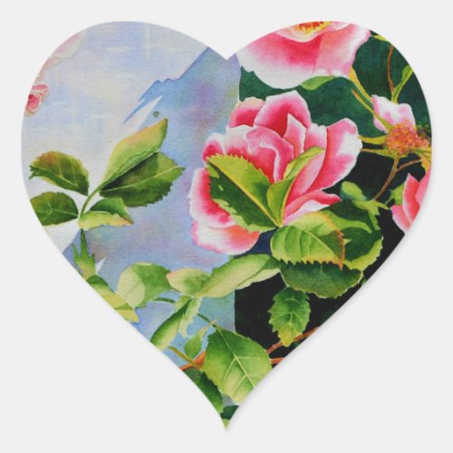 Beautiful  pink red white roses watercolor floral heart sticker