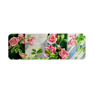 Beautiful pink red white roses watercolor floral label