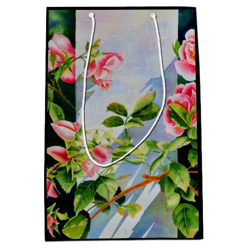 Beautiful  pink red white roses watercolor floral medium gift bag