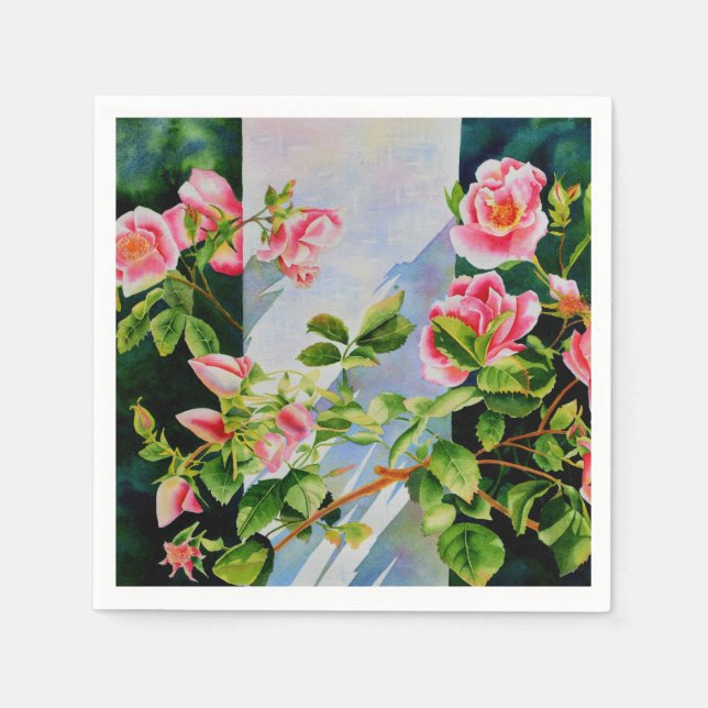 Beautiful  pink red white roses watercolor floral napkins (Front)