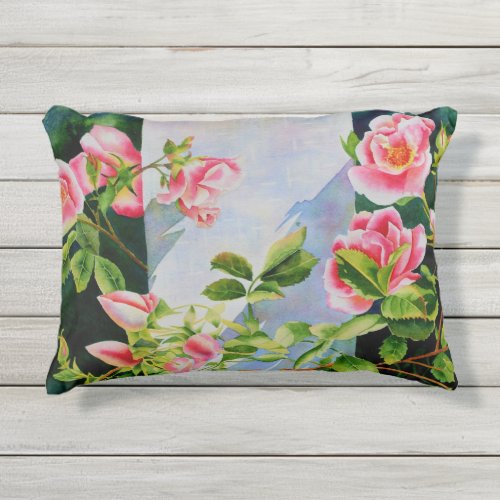 Beautiful  pink red white roses watercolor floral outdoor pillow