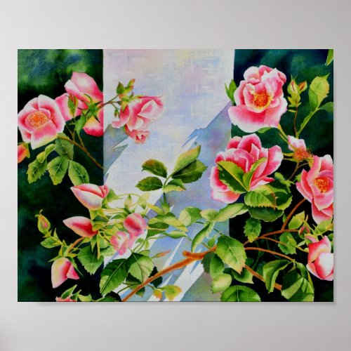 Beautiful  pink red white roses watercolor floral poster