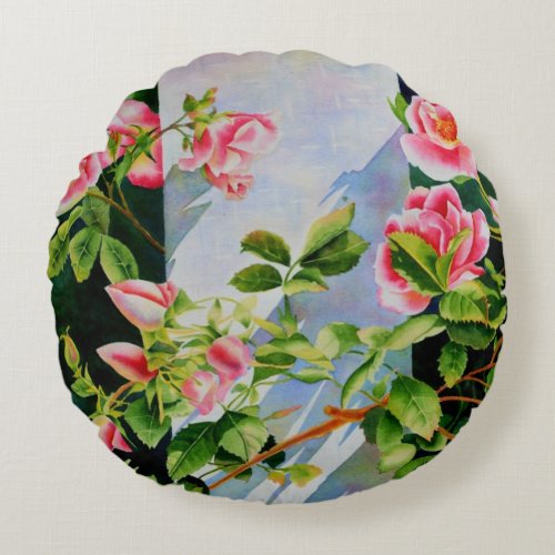 Beautiful  pink red white roses watercolor floral round pillow