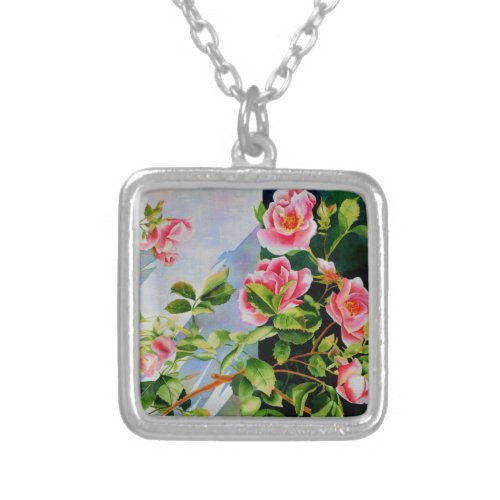 Beautiful  pink red white roses watercolor floral silver plated necklace