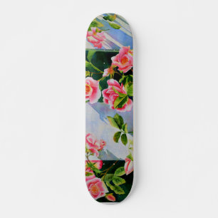 Beautiful pink red white roses watercolor floral skateboard