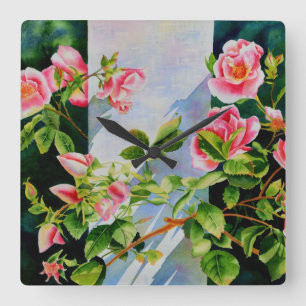 Beautiful pink red white roses watercolor floral square wall clock