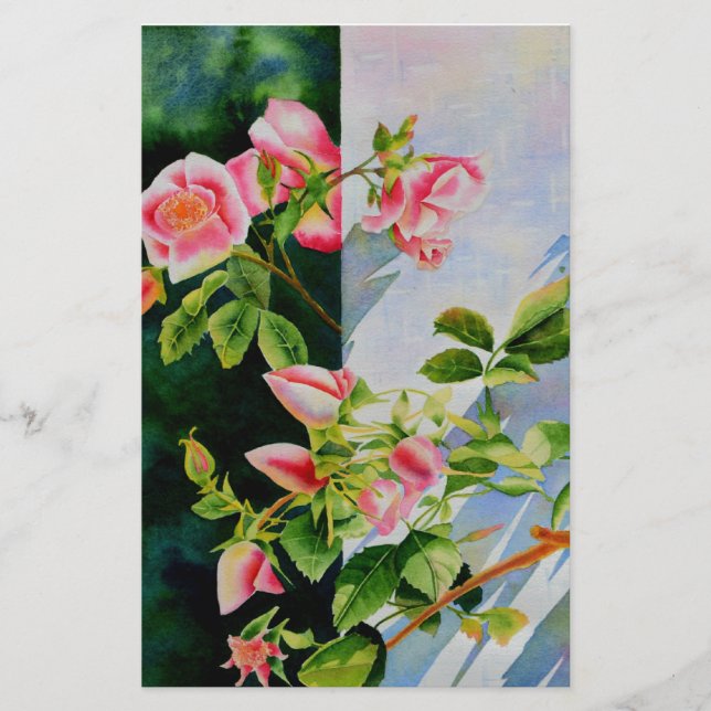 Beautiful  pink red white roses watercolor floral stationery (Front)
