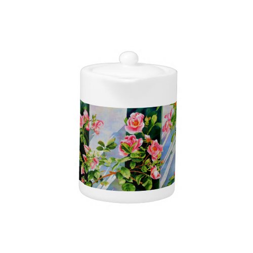 Beautiful  pink red white roses watercolor floral teapot