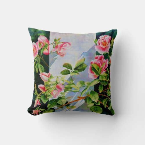 Beautiful  pink red white roses watercolor floral throw pillow