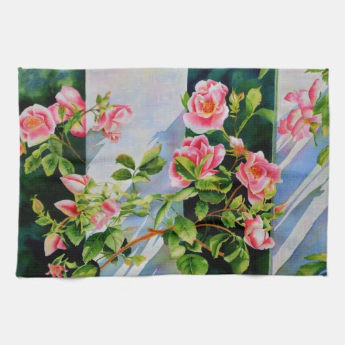 Beautiful  pink red white roses watercolor floral towel