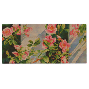 Beautiful pink red white roses watercolor floral wood USB flash drive