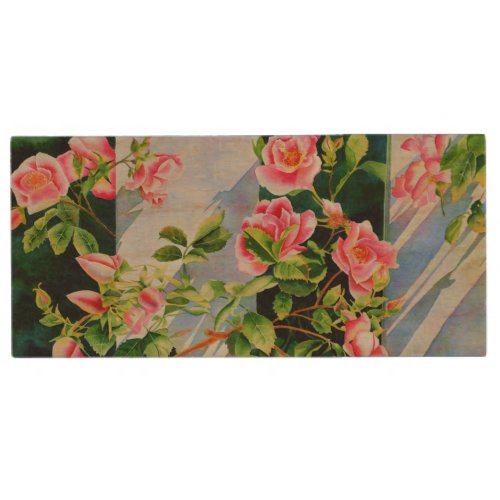 Beautiful  pink red white roses watercolor floral wood USB flash drive
