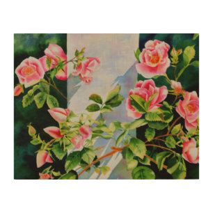 Beautiful pink red white roses watercolor floral wood wall art