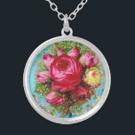 BEAUTIFUL PINK RED YELLOW  ROSES AND ROSEBUDS SILVER PLATED NECKLACE<br><div class="desc">Elegant , colorful vintage floral design, red pink yellow cabbage rose on aqua blue teal background.</div>