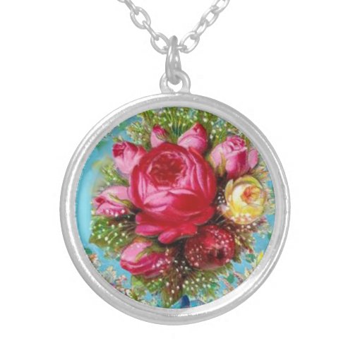 BEAUTIFUL PINK RED YELLOW  ROSES AND ROSEBUDS SILVER PLATED NECKLACE