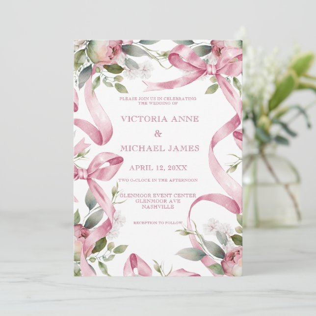 Beautiful Pink Ribbons & Floral Wedding.          Invitation (Standing Front)