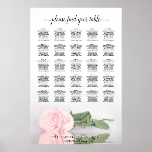 Beautiful Pink Rose 25 Table Wedding Seating Chart