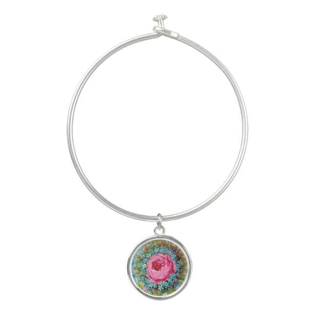 BEAUTIFUL PINK ROSE AND BLUE FLOWERS BANGLE BRACELET (Front)
