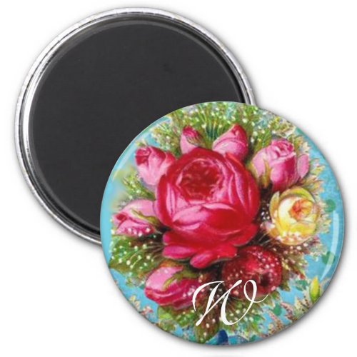BEAUTIFUL PINK ROSE AND BLUE FLOWERS Monogram Magnet