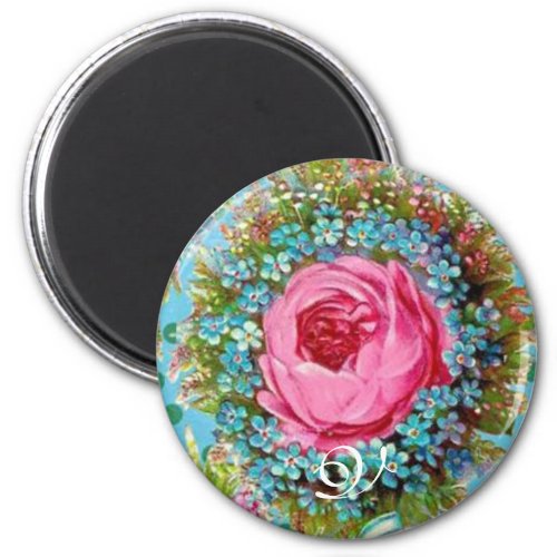 BEAUTIFUL PINK  ROSE AND BLUE FLOWERS Monogram Magnet
