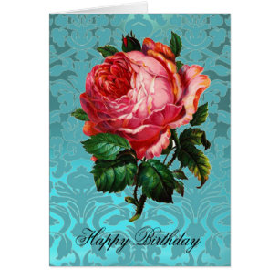 BEAUTIFUL PINK ROSE AQUA BLUE DAMASK Birthday Cards