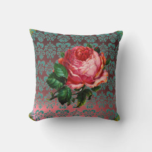 BEAUTIFUL PINK ROSE AQUA BLUE,TEAL DAMASK THROW PILLOW