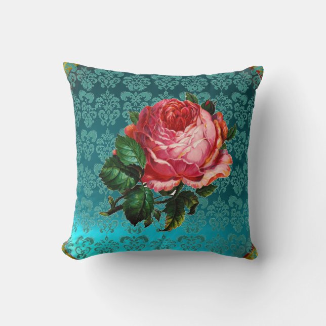 BEAUTIFUL PINK ROSE AQUA BLUE,TEAL DAMASK THROW PILLOW (Front)