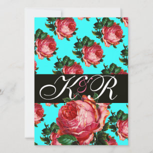 BEAUTIFUL PINK ROSE AQUA BLUE TEAL FLORAL MONOGRAM INVITATION