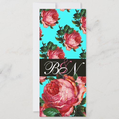 BEAUTIFUL PINK ROSE AQUA BLUE TEAL FLORAL MONOGRAM INVITATION