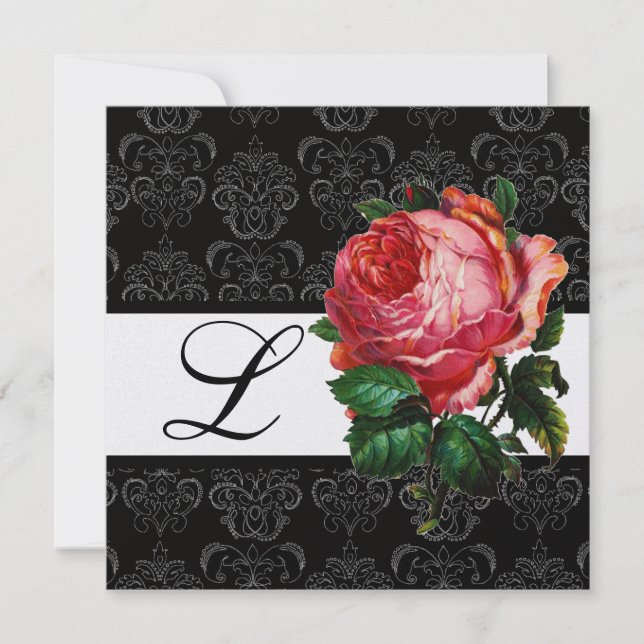 BEAUTIFUL PINK ROSE  BLACK WHITE  DAMASK MONOGRAM INVITATION (Front)