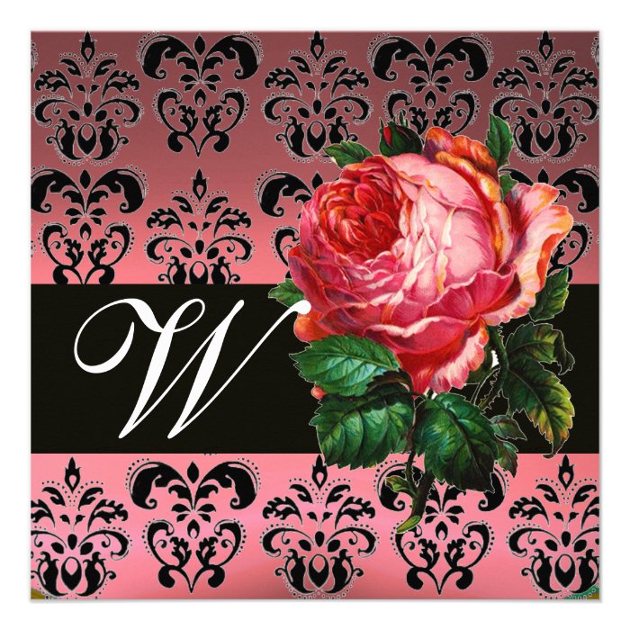 BEAUTIFUL PINK ROSE  BLACK WHITE  DAMASK MONOGRAM PERSONALIZED ANNOUNCEMENTS