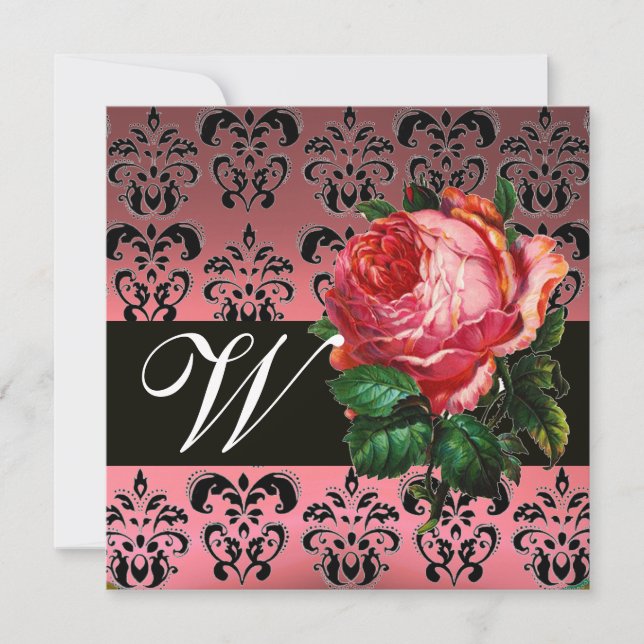 BEAUTIFUL PINK ROSE  BLACK WHITE  DAMASK MONOGRAM INVITATION (Front)