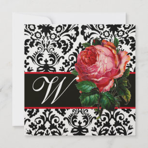 BEAUTIFUL PINK ROSE BLACK WHITE DAMASK MONOGRAM INVITATION