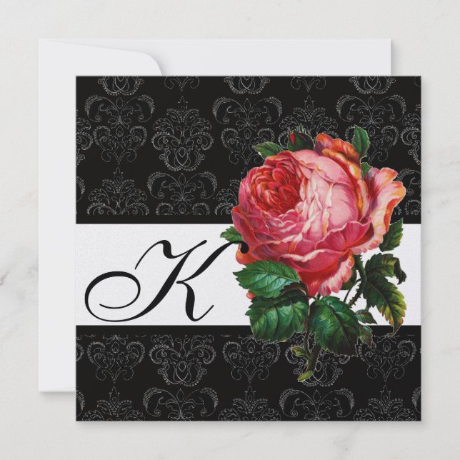 BEAUTIFUL PINK ROSE  BLACK WHITE  DAMASK MONOGRAM INVITATION (Front)
