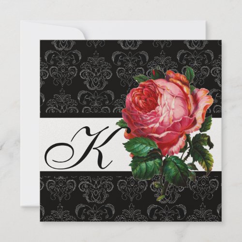 BEAUTIFUL PINK ROSE  BLACK WHITE  DAMASK MONOGRAM INVITATION