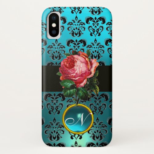 BEAUTIFUL PINK ROSE BLUE BLACK DAMASK GEM MONOGRAM iPhone X CASE