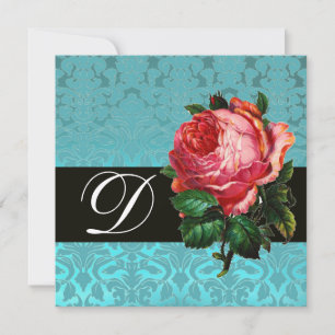 BEAUTIFUL PINK ROSE BLUE BLACK DAMASK MONOGRAM INVITATION