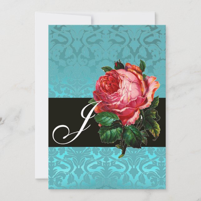 BEAUTIFUL PINK ROSE  BLUE BLACK DAMASK MONOGRAM INVITATION (Front)