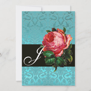 BEAUTIFUL PINK ROSE BLUE BLACK DAMASK MONOGRAM INVITATION