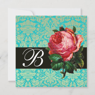BEAUTIFUL PINK ROSE BLUE BLACK DAMASK MONOGRAM INVITATION