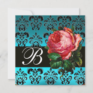 BEAUTIFUL PINK ROSE BLUE BLACK DAMASK MONOGRAM INVITATION