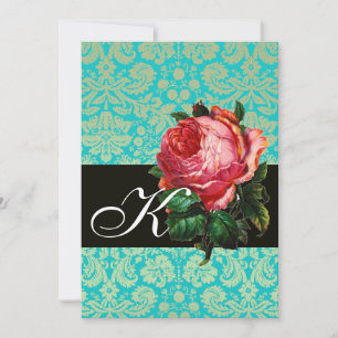 BEAUTIFUL PINK ROSE BLUE BLACK DAMASK MONOGRAM INVITATION