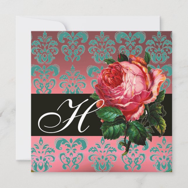 BEAUTIFUL PINK ROSE  BLUE BLACK DAMASK MONOGRAM INVITATION (Front)