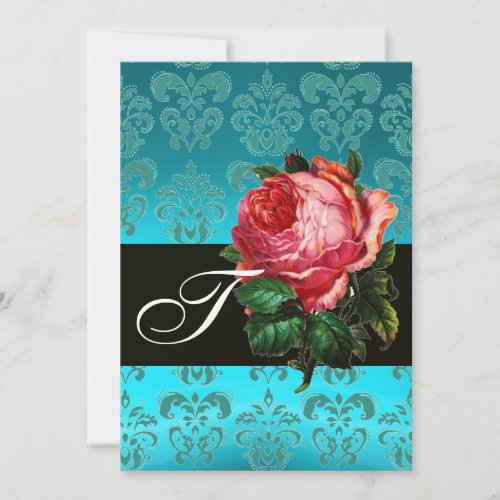 BEAUTIFUL PINK ROSE  BLUE BLACK DAMASK MONOGRAM INVITATION