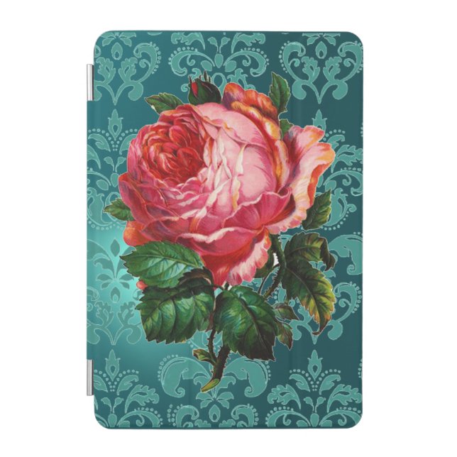 BEAUTIFUL PINK ROSE BLUE BLACK DAMASK MONOGRAM iPad MINI COVER (Front)