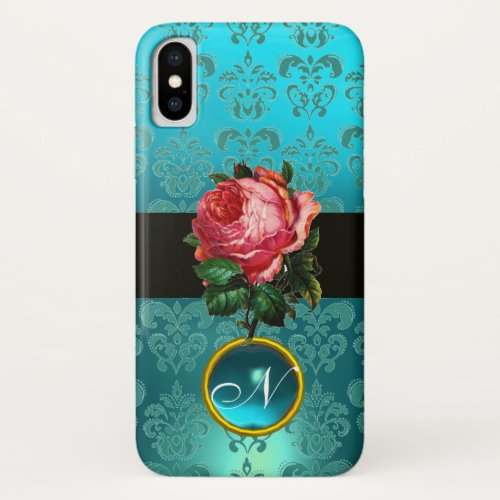 BEAUTIFUL PINK ROSE BLUE TEAL DAMASK GEM MONOGRAM iPhone X CASE